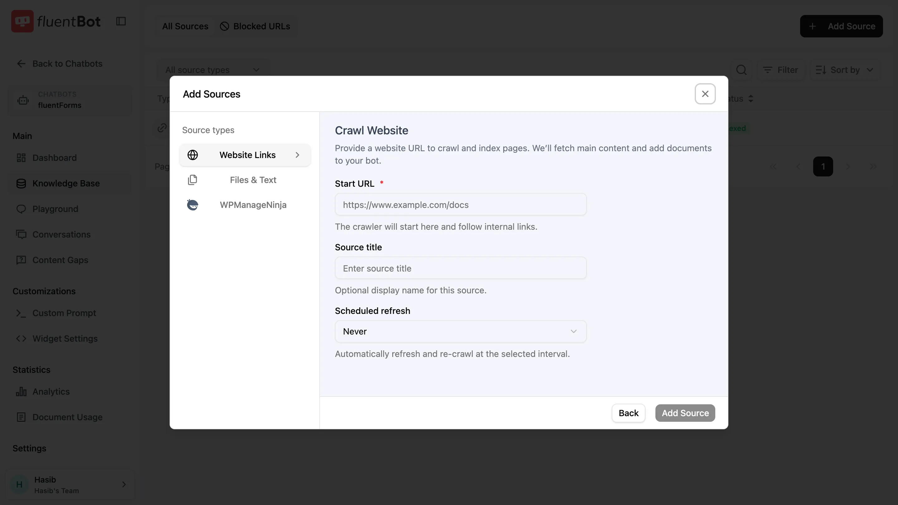 Crawl Website form with Start URL, Source title, Scheduled refresh dropdown