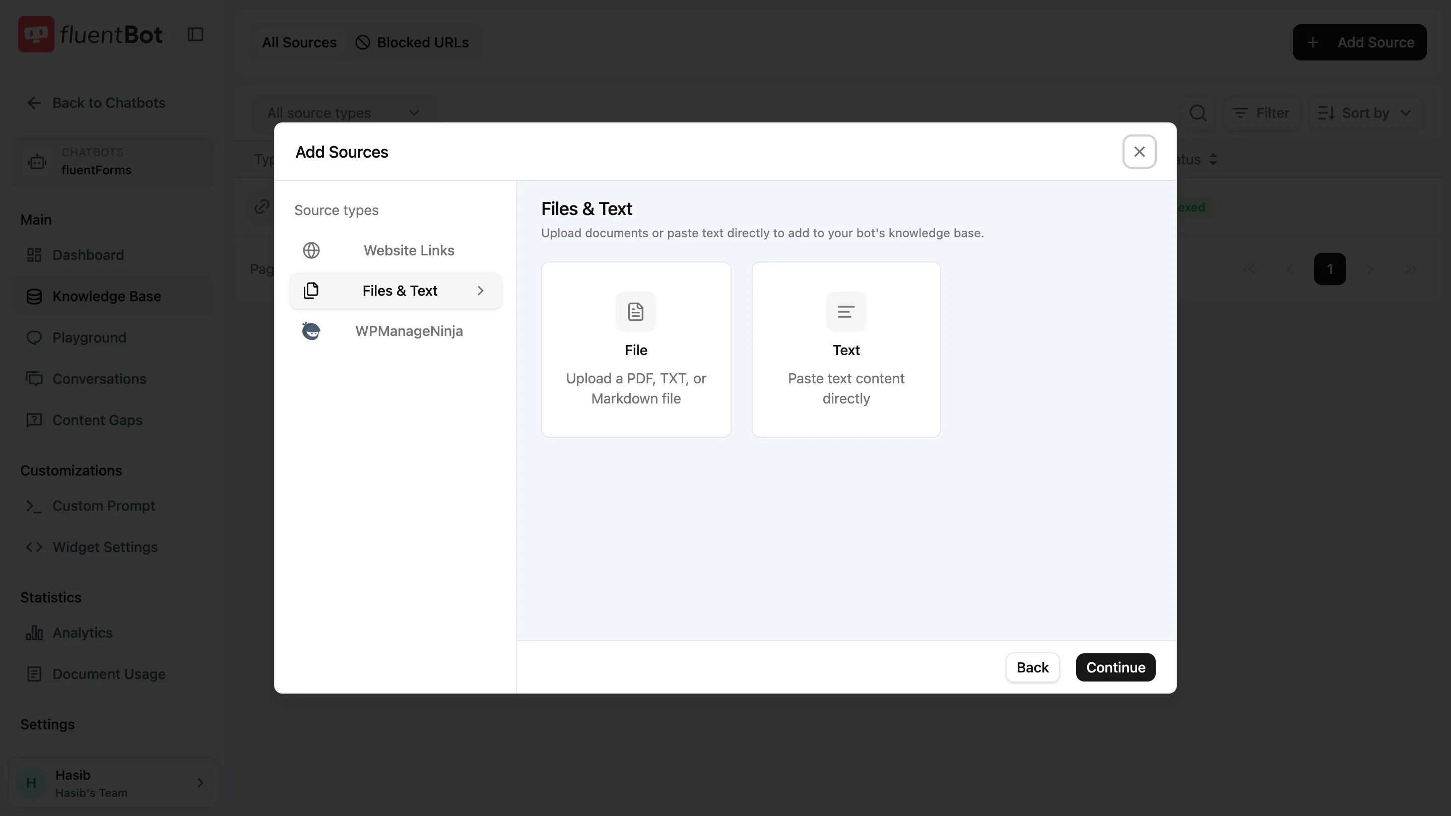 Add Sources picker — Files & Text tab with File and Text cards