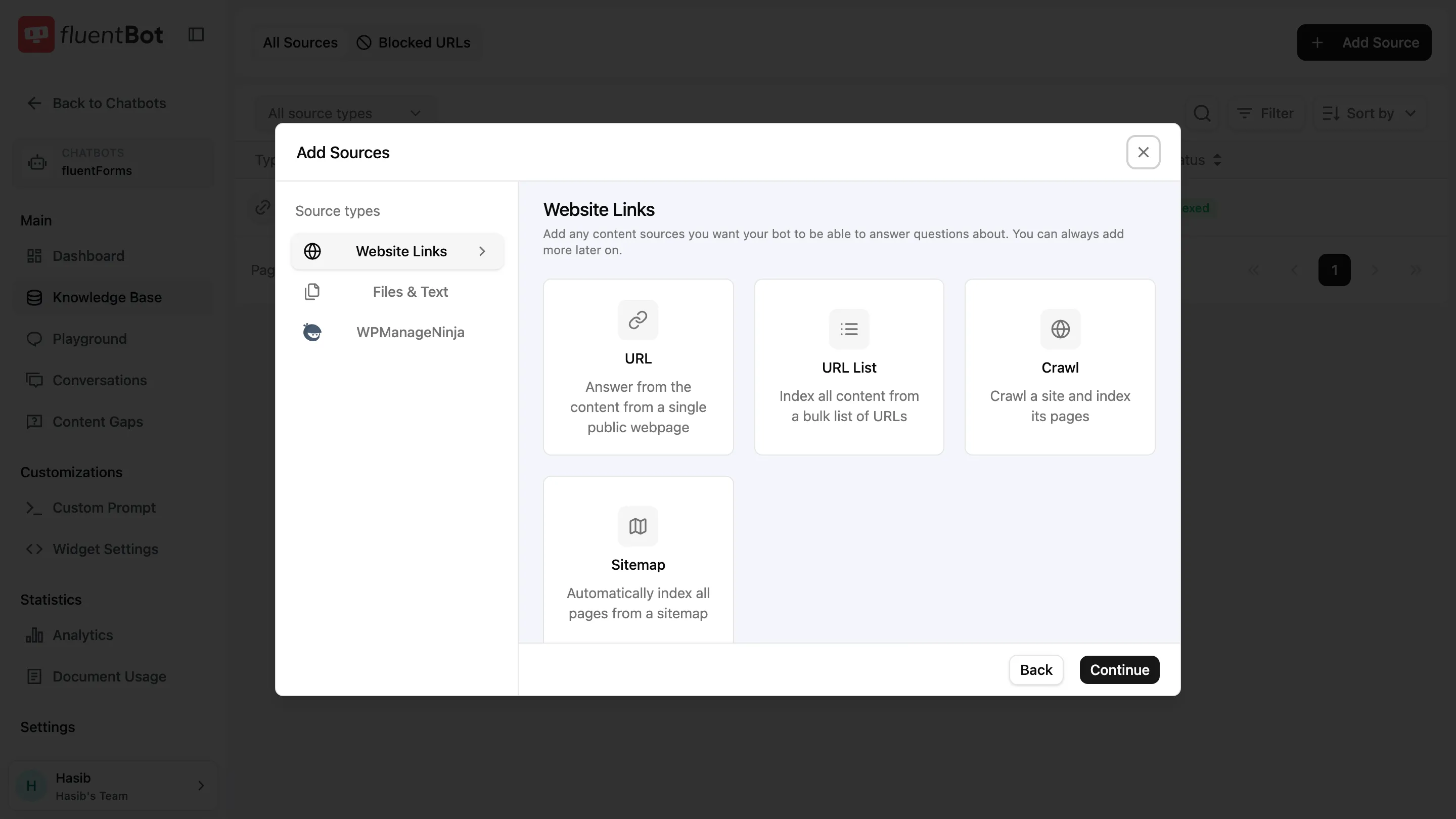 Add Sources picker — Website Links tab with URL, URL List, Crawl, Sitemap cards