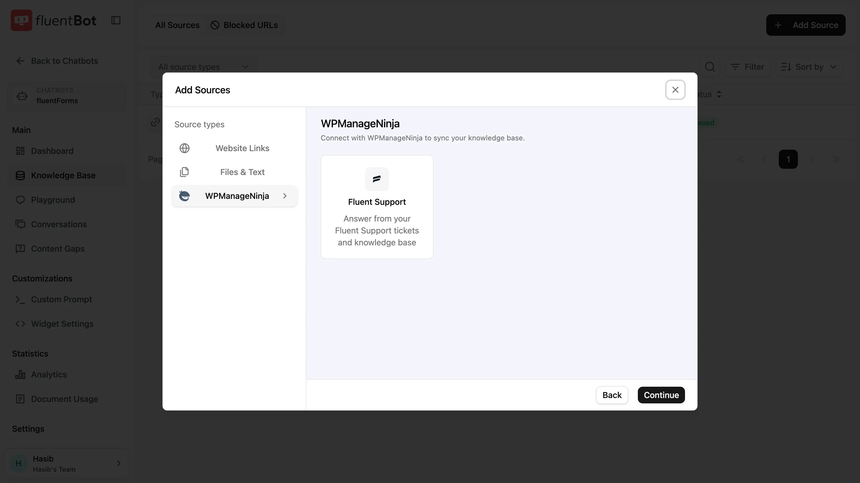 Add Sources picker — WPManageNinja tab with Fluent Support card