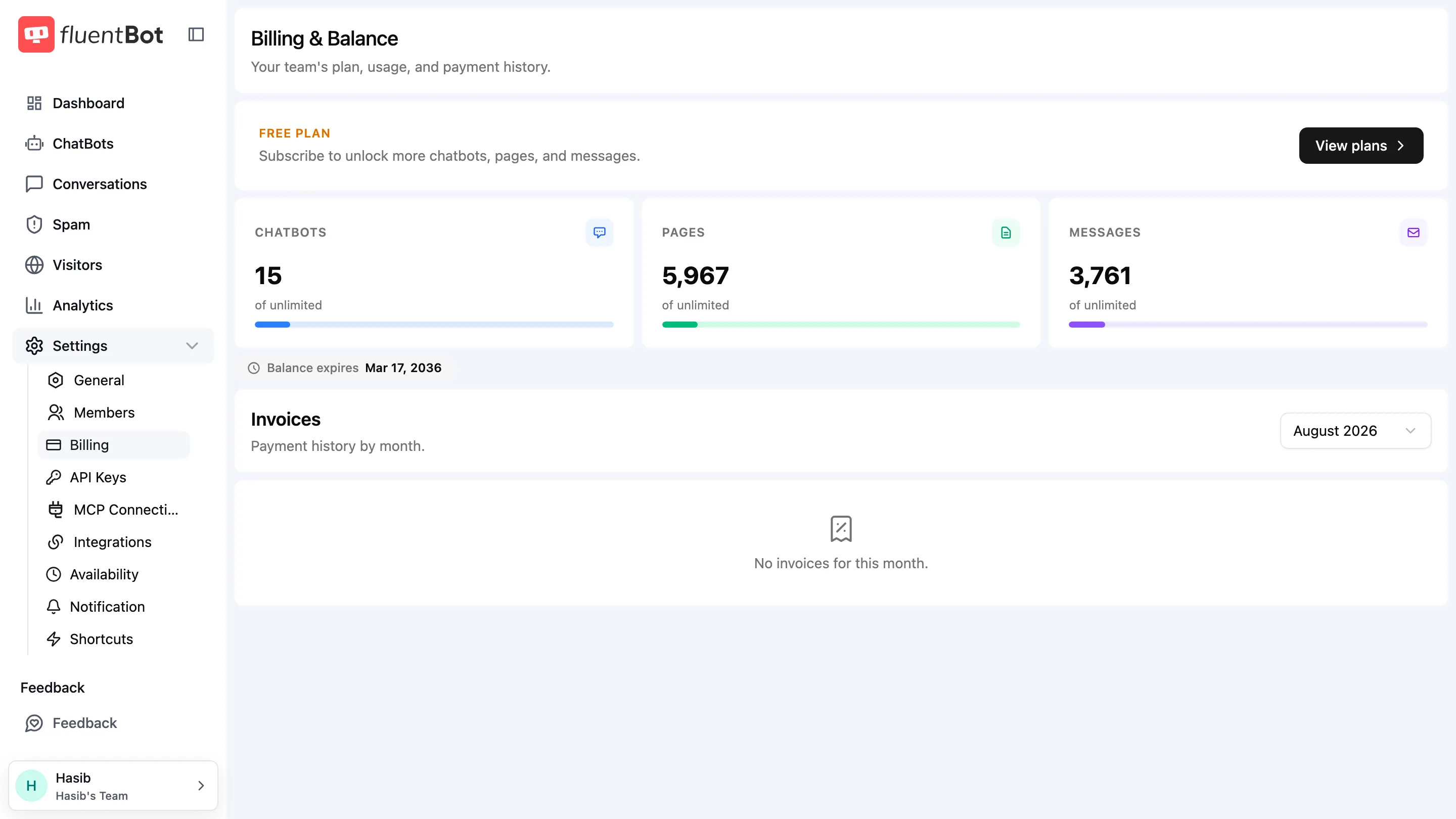 Billing usage cards showing current Growth plan usage for chatbots, pages, and messages