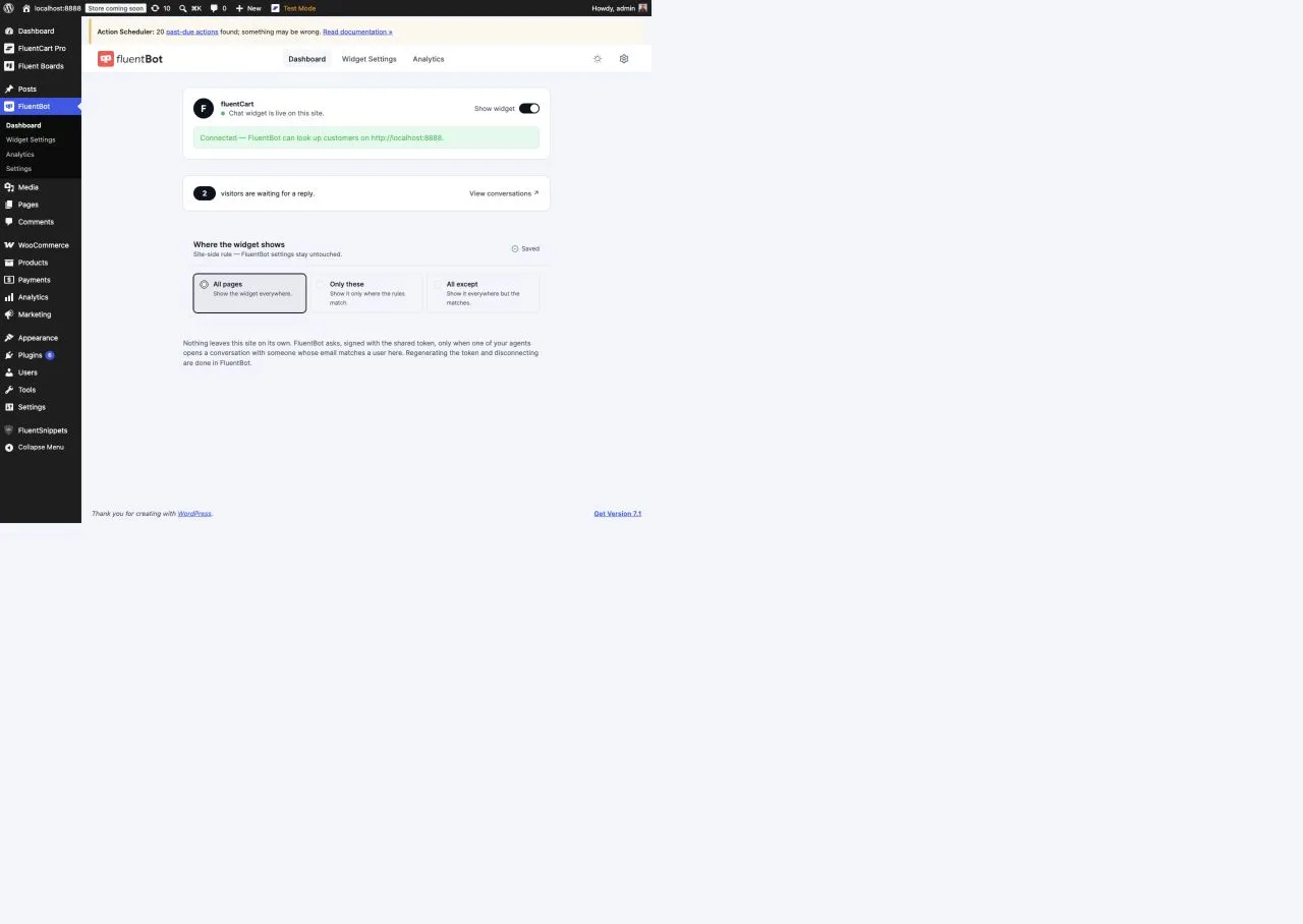 FluentChat Connector dashboard in WordPress showing a connected bot, Show widget toggle, and All pages, Only these, and All except visibility options