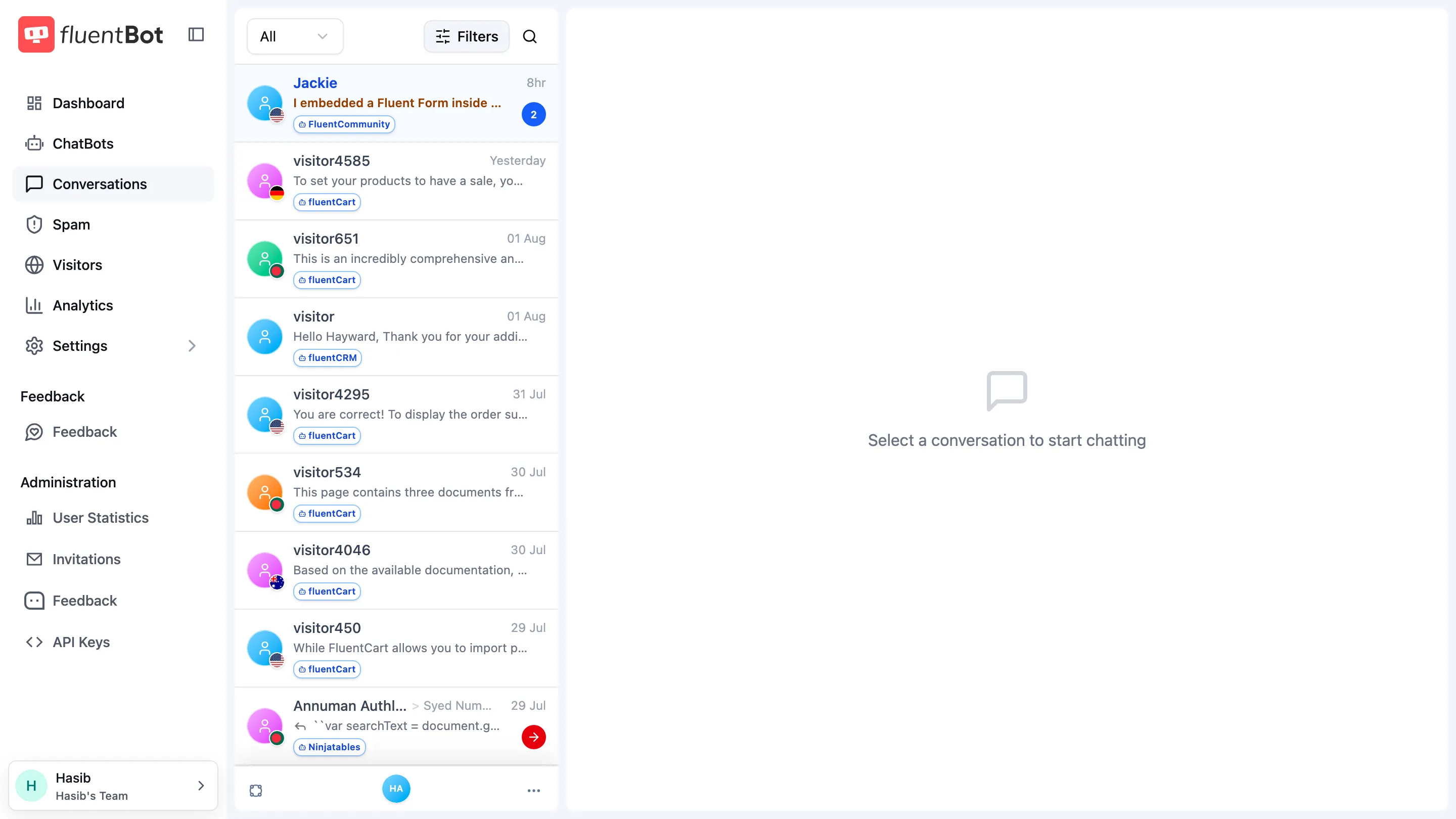 Conversations inbox with visitor chat rows, bot tags, filter controls, and an empty selected-conversation pane