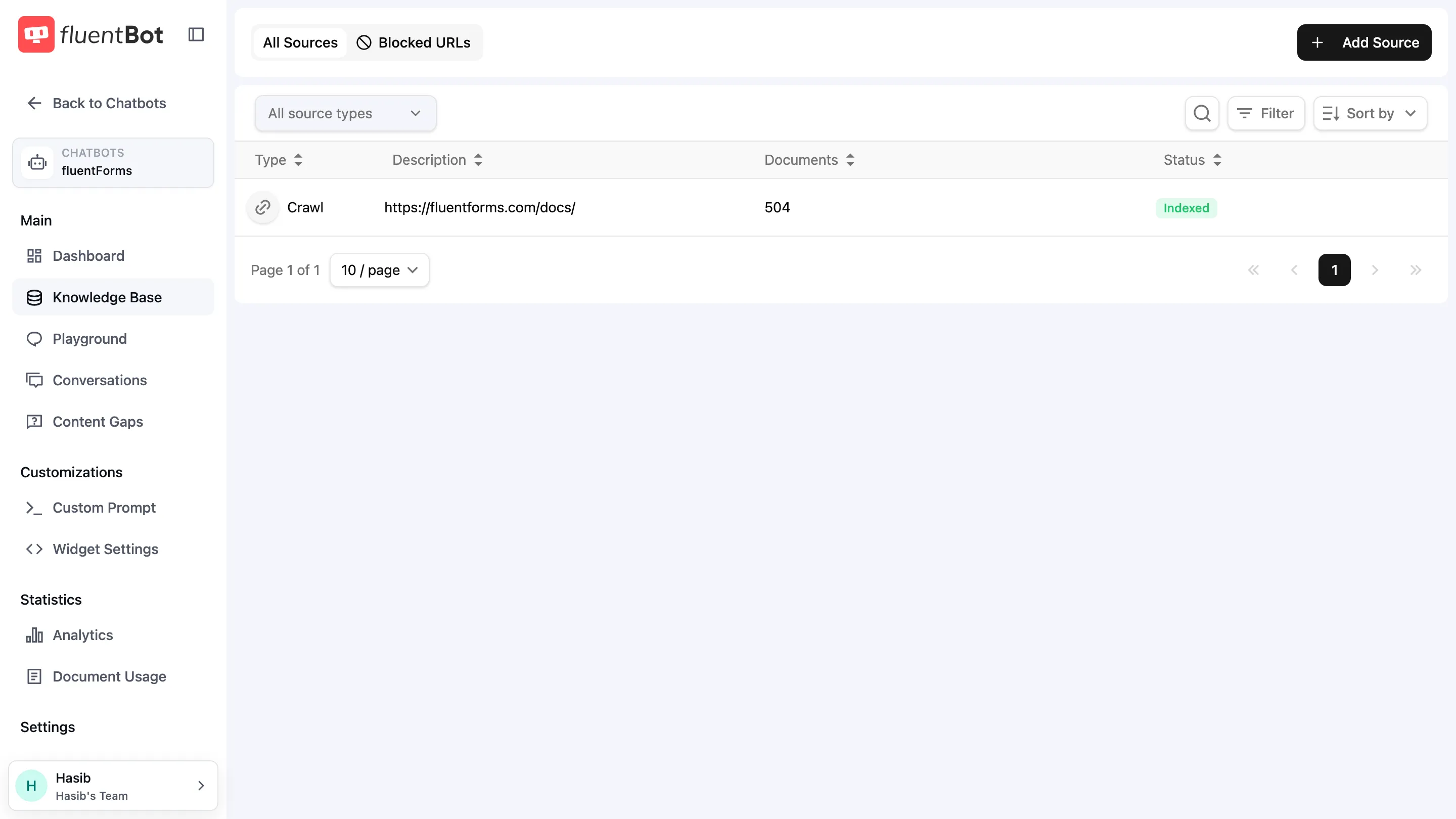 All Sources table with an indexed Crawl source row showing its document count and status badge
