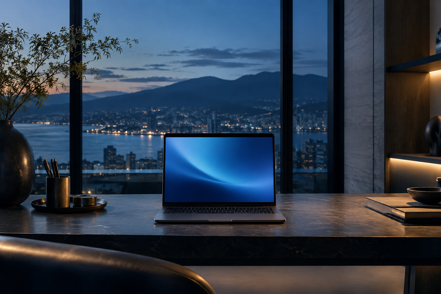 A laptop in a modern workspace illuminated by blue evening light