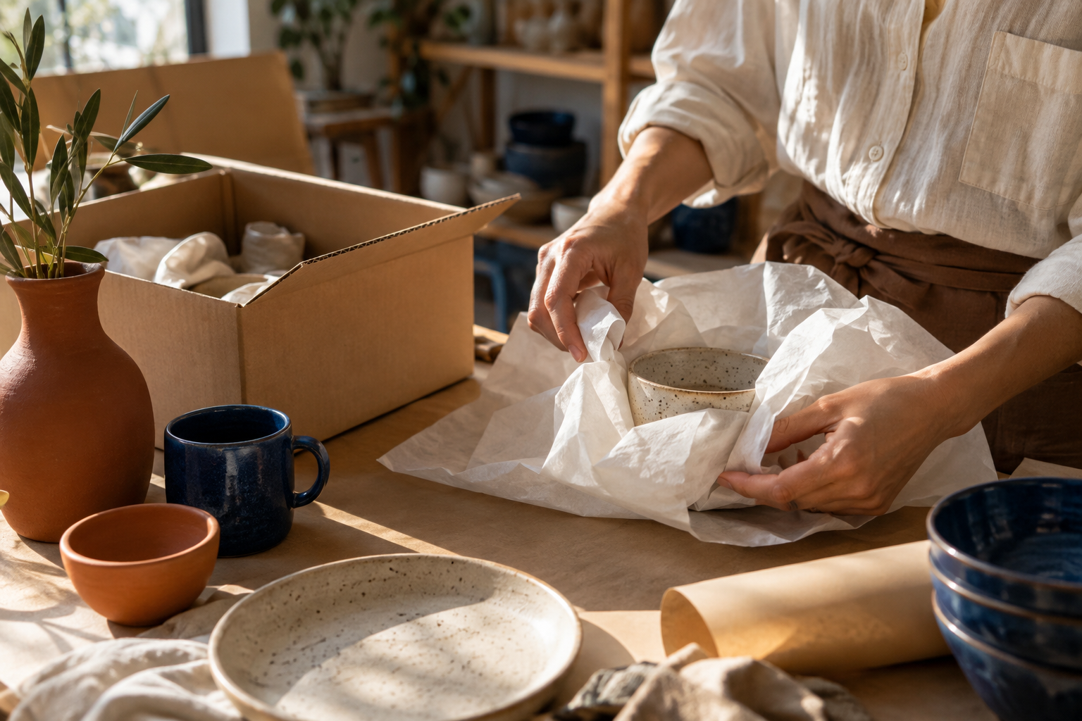 Ceramic homeware being carefully packed at a sunlit store